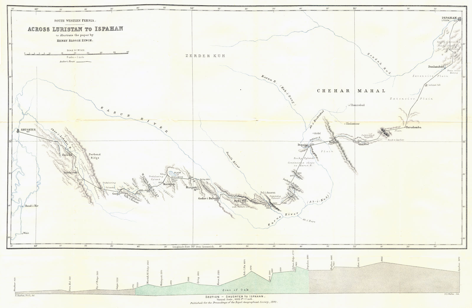 SW PERSIA (IRAN) . Luristan. Shush to Ispafan. Khuzestan. Lynch. RGS 1890 map